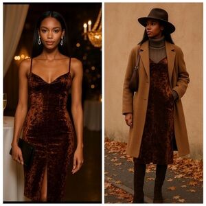 We Wore What Brown Velvet Spaghetti-Strap Midi Scandigirl Romantic Dress